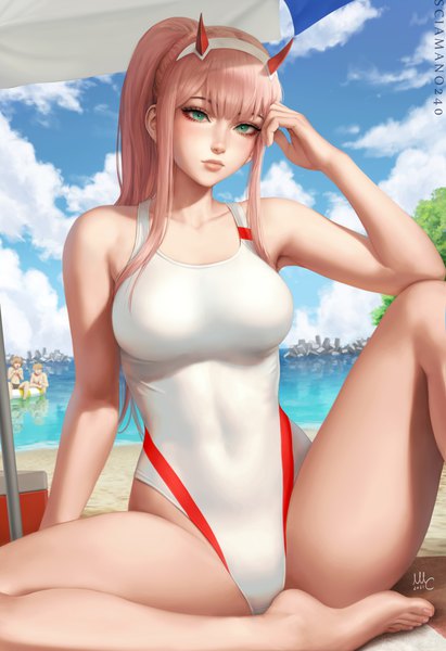 Anime picture 2057x3000 with darling in the franxx studio trigger zero two (darling in the franxx) gorou (darling in the franxx) zorome (darling in the franxx) sciamano240 long hair tall image looking at viewer fringe highres breasts light erotic large breasts sitting signed payot pink hair sky cloud (clouds)