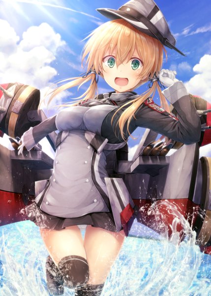 Anime picture 925x1294 with kantai collection prinz eugen (kantai collection) suien single long hair tall image looking at viewer blush open mouth light erotic blonde hair green eyes sky sunlight pantyshot girl thighhighs skirt gloves hair ornament