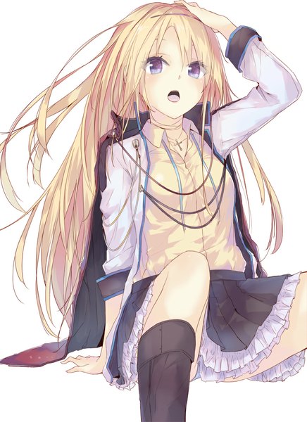 Anime picture 800x1100 with original la-na single long hair tall image blush fringe open mouth blue eyes blonde hair simple background white background sitting long sleeves pleated skirt open clothes open jacket hand on head twisty sleeves girl