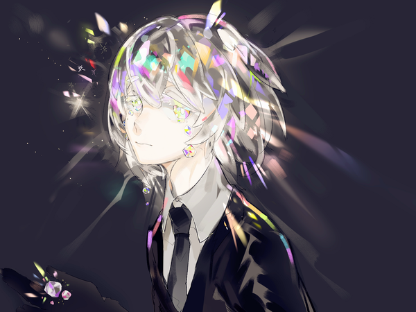 Anime picture 1600x1200 with houseki no kuni diamond (houseki no kuni) emera single looking at viewer fringe short hair simple background hair between eyes silver hair multicolored hair tears black background silver eyes multicolored eyes shiny androgynous necktie gem