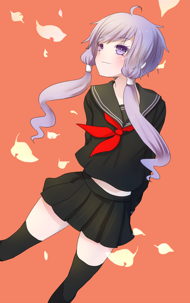 Anime picture 800x1275 with vocaloid yuzuki yukari as (niconico) single long hair tall image blush fringe simple background smile twintails looking away purple hair pleated skirt low twintails wavy hair hands behind back girl thighhighs skirt