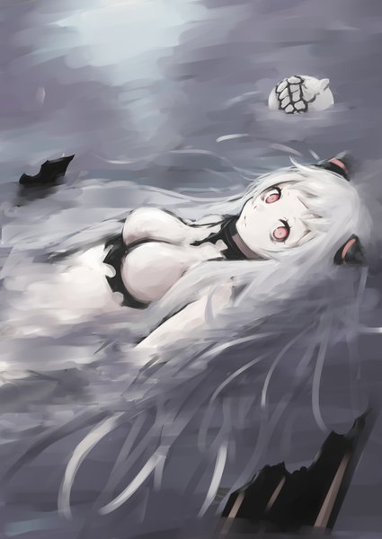 Anime picture 1317x1859 with kantai collection airfield hime takagaki eru single long hair tall image looking at viewer fringe breasts light erotic white hair lying pink eyes horn (horns) on back partially submerged floating hair pale skin shinkaisei-kan afloat
