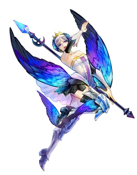 Anime picture 1600x2046 with odin sphere vanillaware gwendolyn tayuya1130 single tall image fringe open mouth blue eyes simple background white background purple eyes bare shoulders holding grey hair teeth jumping multicolored eyes girl dress