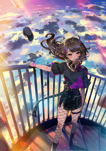 Anime picture 2039x2894 with original arutera single long hair tall image looking at viewer blush fringe highres breasts smile brown hair standing purple eyes sky cloud (clouds) outdoors head tilt from above wind