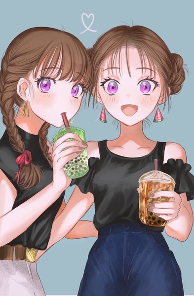 Anime picture 1050x1600 with original rosette (roze-ko) long hair tall image looking at viewer blush short hair open mouth simple background brown hair purple eyes bare shoulders multiple girls braid (braids) sparkle twin braids drinking heart of string girl 2 girls