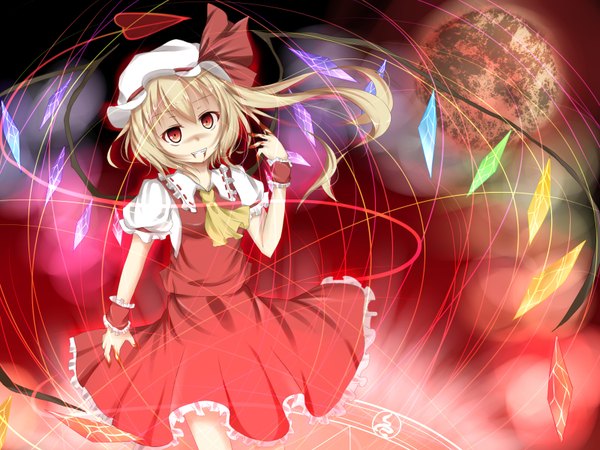Anime picture 1600x1200 with touhou flandre scarlet sisterakuma miy@ single looking at viewer short hair blonde hair red eyes teeth fang (fangs) one side up red moon girl dress weapon wings blood bonnet crystal
