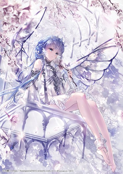 Anime picture 1025x1450 with original hane segawa single long hair tall image blue eyes sitting blue hair looking away full body barefoot bare legs from below cherry blossoms half updo girl dress flower (flowers) detached sleeves wings