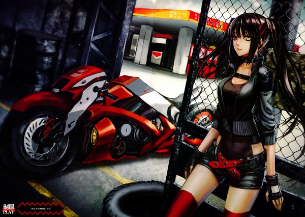 Anime picture 7029x5000 with date a live tokisaki kurumi single long hair looking at viewer highres black hair twintails absurdres scan midriff heterochromia girl thighhighs gloves jacket shorts fingerless gloves motorcycle
