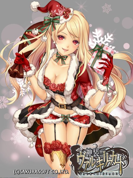 Anime picture 960x1280 with syrinxwell311 single long hair tall image looking at viewer blush open mouth light erotic blonde hair red eyes standing bent knee (knees) :d pantyshot fur trim standing on one leg christmas girl skirt gloves