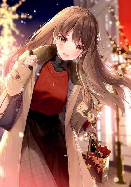 Anime picture 2105x2998 with original kagachi saku single long hair tall image looking at viewer blush fringe highres open mouth smile brown hair standing holding brown eyes outdoors long sleeves arm up blurry scan