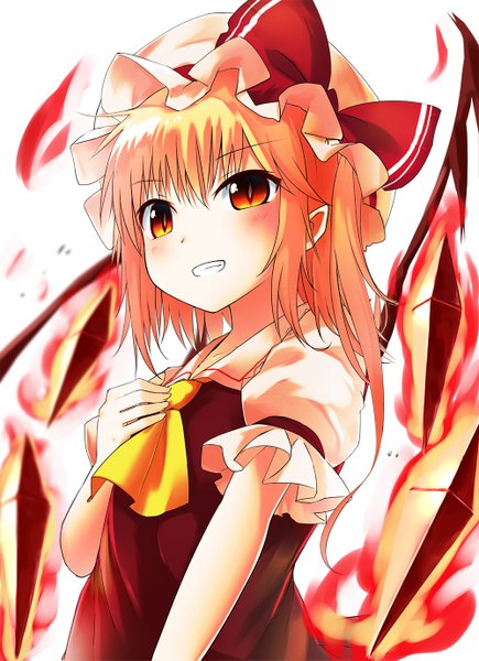 Anime picture 1000x1377 with touhou flandre scarlet satou (3366 s) single long hair tall image blush fringe simple background blonde hair smile standing white background pointy ears teeth short sleeves orange eyes puffy sleeves glowing side ponytail