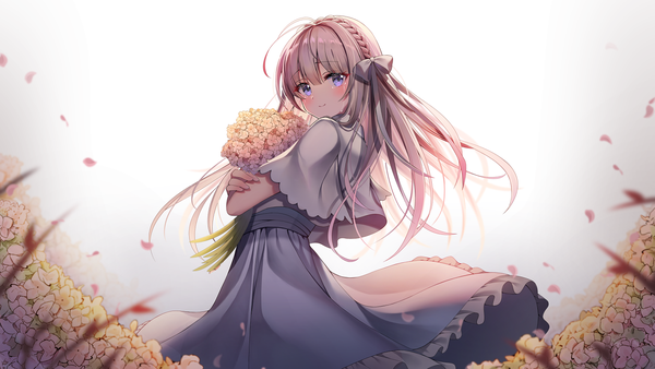 Anime picture 1600x900 with original gin (gin937) single long hair looking at viewer blush smile wide image purple eyes ahoge braid (braids) grey hair tears turning head girl flower (flowers) ribbon (ribbons) hair ribbon petals bouquet