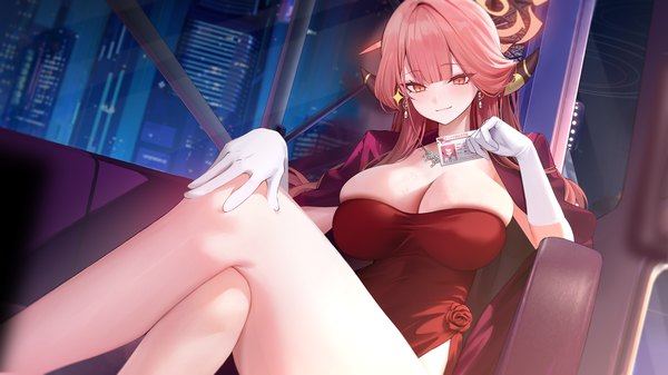 Anime picture 1778x1000 with blue archive aru (blue archive) aru (dress) (blue archive) xiujia yihuizi single long hair blush highres breasts light erotic wide image large breasts sitting pink hair cleavage indoors pink eyes horn (horns) night dutch angle