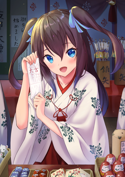 Anime picture 1078x1523 with original cocoablue23 single long hair tall image looking at viewer blush fringe open mouth blue eyes smile hair between eyes brown hair holding indoors traditional clothes head tilt :d japanese clothes wide sleeves