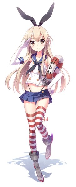 Anime picture 500x1220 with kantai collection shimakaze destroyer an2a single long hair tall image looking at viewer blush simple background blonde hair smile white background brown eyes girl thighhighs gloves bow hair bow miniskirt elbow gloves