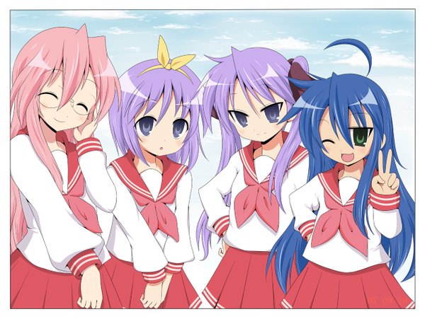 Anime picture 1260x949 with lucky star kyoto animation izumi konata hiiragi kagami hiiragi tsukasa takara miyuki tsurime girl uniform school uniform serafuku blue pony