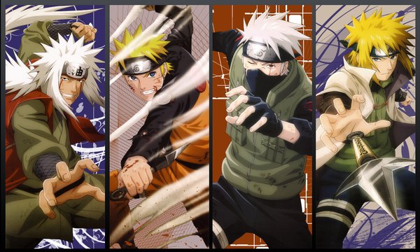 Anime picture 2000x1200 with naruto studio pierrot naruto (series) uzumaki naruto hatake kakashi namikaze minato jiraiya drlinux long hair highres short hair blue eyes simple background blonde hair smile red eyes wide image white hair one eye closed wink