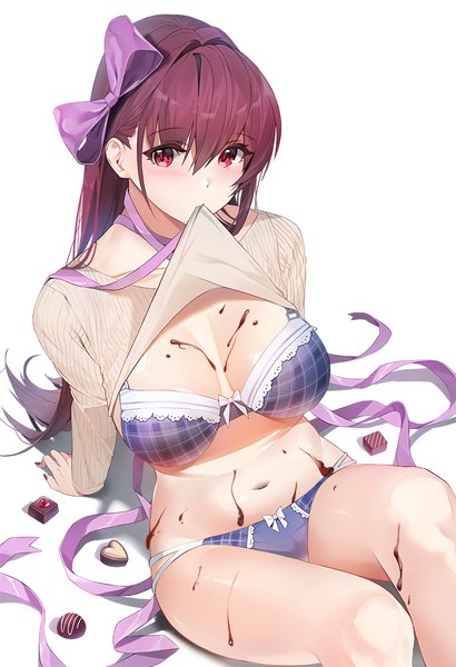 Anime picture 683x1000 with fate (series) fate/grand order scathach (fate) (all) scathach (fate) damda single long hair tall image looking at viewer blush fringe breasts light erotic simple background hair between eyes red eyes large breasts white background sitting holding