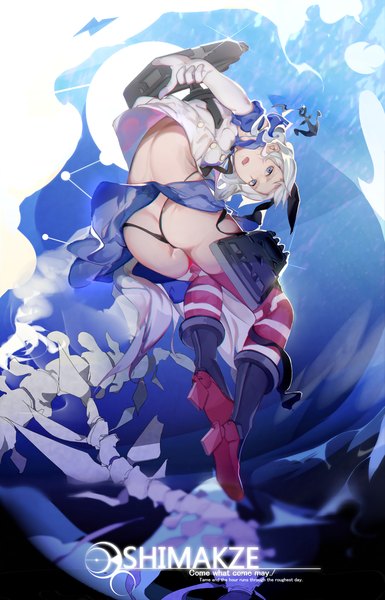 Anime picture 900x1401 with kantai collection shimakaze destroyer shisu (binzo3) single long hair tall image looking at viewer blue eyes light erotic blonde hair ass looking back from behind zettai ryouiki character names underwater bone (bones) girl thighhighs skirt