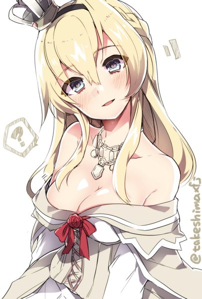 Anime picture 1378x2039 with kantai collection warspite (kantai collection) takeshima eku single long hair tall image looking at viewer blush fringe breasts blue eyes light erotic blonde hair simple background hair between eyes large breasts white background bare shoulders head tilt off shoulder