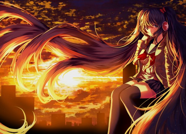 Anime picture 3955x2852 with vocaloid hatsune miku isumi (yangyan) single highres sitting twintails absurdres sky cloud (clouds) very long hair black eyes aqua hair evening sunset girl thighhighs skirt uniform black thighhighs