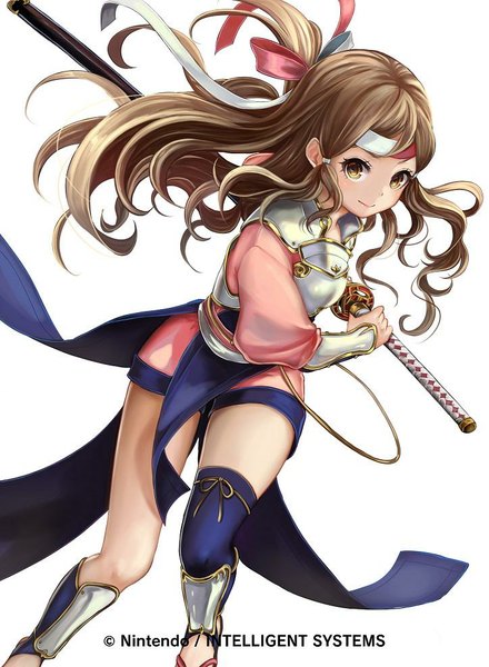 Anime picture 724x986 with fire emblem fire emblem fates fire emblem cipher kazahana (fire emblem if) single long hair tall image looking at viewer blush simple background smile brown hair white background twintails yellow eyes leaning leaning forward fighting stance sheathed ready to draw