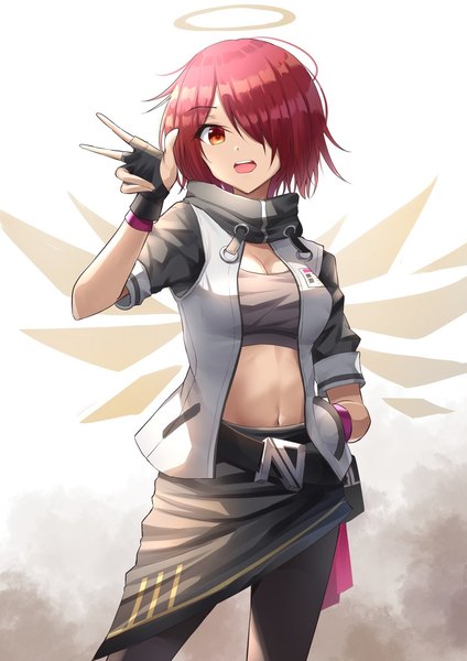 Anime picture 983x1390 with arknights exusiai (arknights) kanaria hisagi single tall image looking at viewer fringe short hair open mouth red eyes red hair hair over one eye open jacket midriff victory hand in pocket girl gloves wings jacket