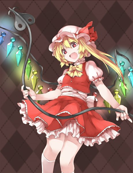 Anime picture 700x910 with touhou flandre scarlet akagashi hagane single long hair tall image short hair open mouth blonde hair red eyes looking away from below side ponytail brown background rhombus girl skirt bow weapon wings