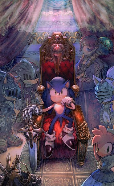 Anime picture 865x1400 with sonic (series) sonic the hedgehog shadow the hedgehog amy rose knuckles aoki (fumomo) tall image looking at viewer blue eyes sitting green eyes pink hair braid (braids) looking back looking up girl dress gloves weapon sword
