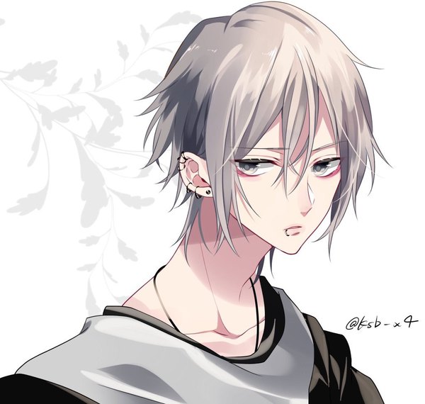 Anime picture 1024x973 with original ksb_x4 single looking at viewer fringe short hair simple background hair between eyes white background signed upper body parted lips grey hair grey eyes twitter username piercing ear piercing lip piercing boy
