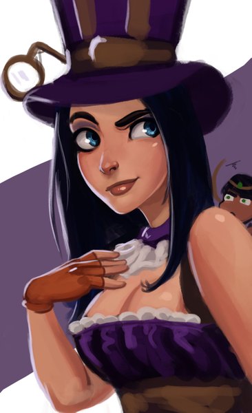 Anime picture 939x1539 with league of legends caitlyn (league of legends) karma (league of legends) carlos eduardo long hair tall image breasts blue eyes black hair multiple girls green eyes looking away lips girl dress gloves 2 girls hat fingerless gloves top hat
