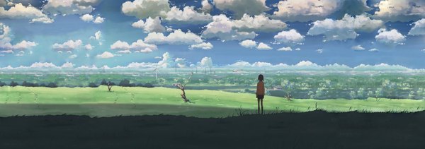 Anime picture 2000x705 with 5 centimeters per second sumida kanae shinkai makoto single highres wide image sky cloud (clouds) wind from behind landscape girl uniform school uniform wind turbine