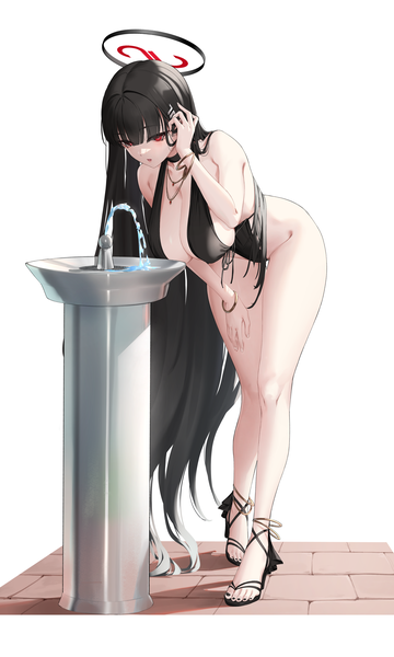 Anime picture 3112x5180 with blue archive rio (blue archive) pjman single tall image fringe highres breasts open mouth light erotic black hair simple background red eyes large breasts standing white background absurdres full body blunt bangs very long hair