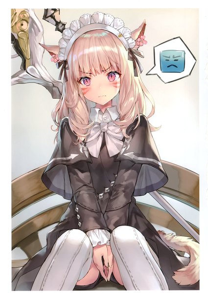 Anime picture 2093x2952 with final fantasy final fantasy xiv square enix miqo'te momoko (momopoco) single long hair tall image looking at viewer blush fringe highres blonde hair sitting animal ears tail long sleeves head tilt animal tail pink eyes