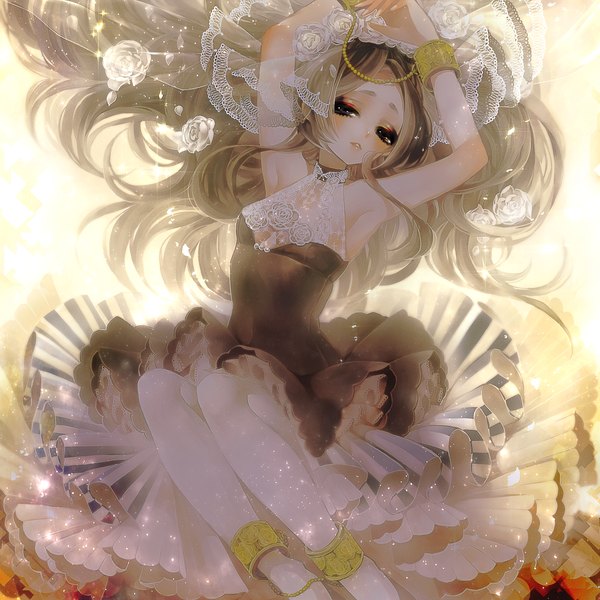 Anime picture 1061x1061 with original mamaloni chino machiko single long hair looking at viewer blush open mouth blonde hair bare shoulders brown eyes hair flower fingernails light wavy hair long fingernails eyeshadow yellow background girl dress