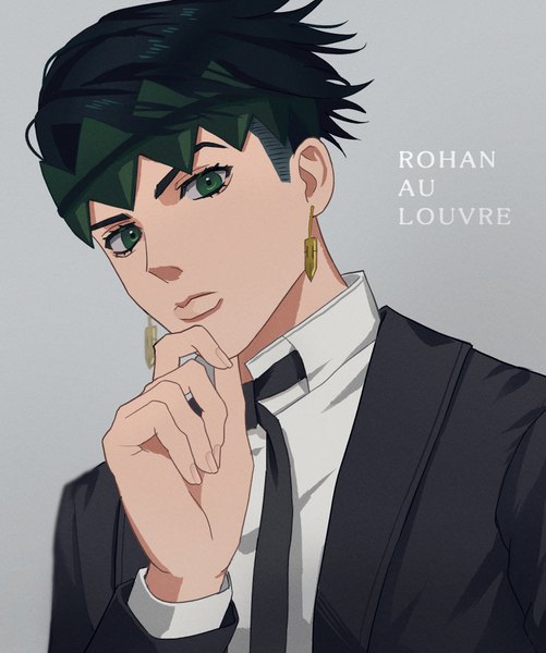 Anime picture 860x1030 with jojo no kimyou na bouken kishibe rohan mikoha358212 single tall image looking at viewer short hair black hair simple background green eyes upper body fingernails grey background character names boy earrings