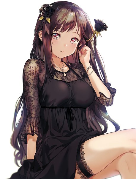 Anime picture 1500x1963 with original mery (yangmalgage) single long hair tall image looking at viewer blush fringe simple background red eyes brown hair white background sitting holding braid (braids) head tilt hair flower arm support crossed legs floral print