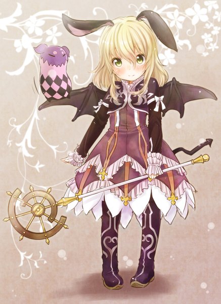 Anime picture 2639x3624 with tales of (series) tales of xillia elize lutus tipo (xillia) yukiu con tall image highres short hair blonde hair green eyes animal ears bunny ears demon tail demon wings demon girl dress wings staff