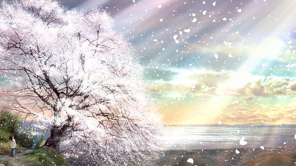 Anime picture 1670x940 with original kun52 single long hair brown hair wide image sky cloud (clouds) sunlight cherry blossoms city mountain sunbeam scenic nature girl plant (plants) petals tree (trees) sea