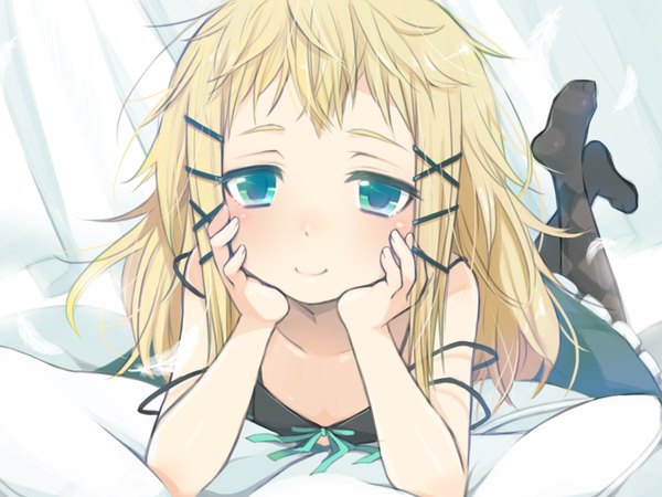 Anime picture 1600x1200 with black bullet kinema citrus tina sprout hanako (jiji) long hair looking at viewer blush blue eyes blonde hair smile bare shoulders arm support loli no shoes crossed legs on stomach dress pantyhose pillow bed