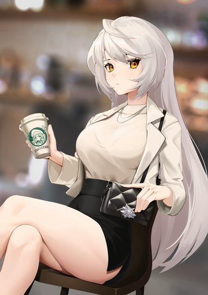 Anime picture 2894x4093 with counter:side starbucks hilde (counter:side) chloe starseeker ett single long hair tall image looking at viewer fringe highres breasts large breasts sitting holding yellow eyes white hair blurry depth of field alternate costume