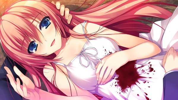 Anime picture 2560x1440 with reminiscence tomose shunsaku long hair highres open mouth blue eyes wide image pink hair game cg girl dress blood