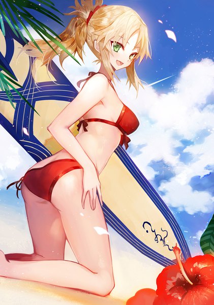 Anime picture 1500x2138 with fate (series) fate/grand order mordred (fate) mordred (swimsuit rider) (fate) juexing (moemoe3345) single long hair tall image looking at viewer blush fringe breasts open mouth light erotic blonde hair smile holding green eyes payot sky