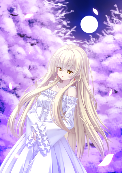Anime picture 595x842 with original argenteumastrum single long hair tall image open mouth blonde hair bare shoulders yellow eyes looking away nail polish parted lips fingernails wind night wide sleeves cherry blossoms girl dress plant (plants)