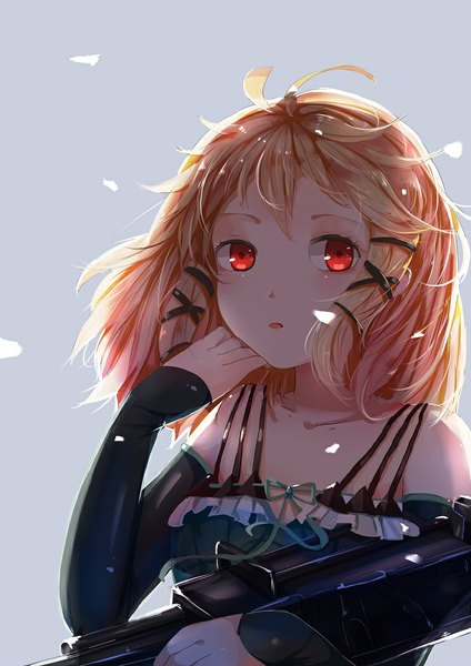 Anime picture 744x1053 with black bullet kinema citrus tina sprout teeth (artist) single long hair tall image looking at viewer open mouth blonde hair red eyes bare shoulders girl dress ribbon (ribbons) weapon hair ribbon gun x hair ornament