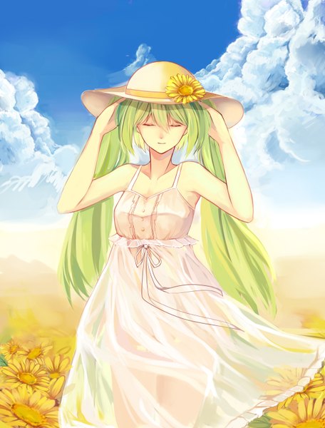 Anime picture 2244x2952 with vocaloid hatsune miku mimi tsukue (artist) single long hair tall image highres twintails bare shoulders sky cloud (clouds) eyes closed green hair girl dress flower (flowers) hat