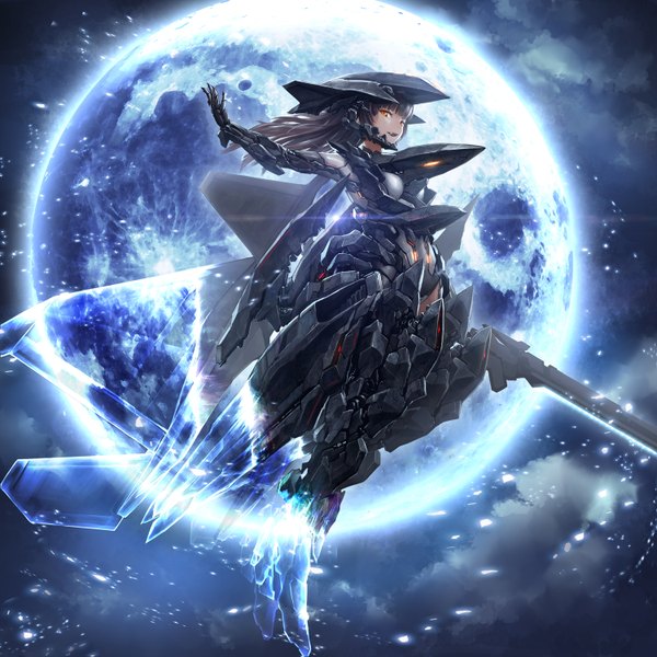 Anime picture 1500x1500 with tomu neko single long hair looking at viewer fringe open mouth black hair brown eyes night night sky outstretched arm mechanical mechanical wings girl weapon wings moon full moon helmet huge weapon