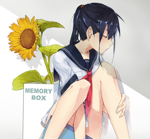 Anime picture 1500x1394 with original taxi (owp) single long hair blush sitting holding blue hair ponytail eyes closed profile inscription shadow girl uniform flower (flowers) serafuku book (books) sunflower box