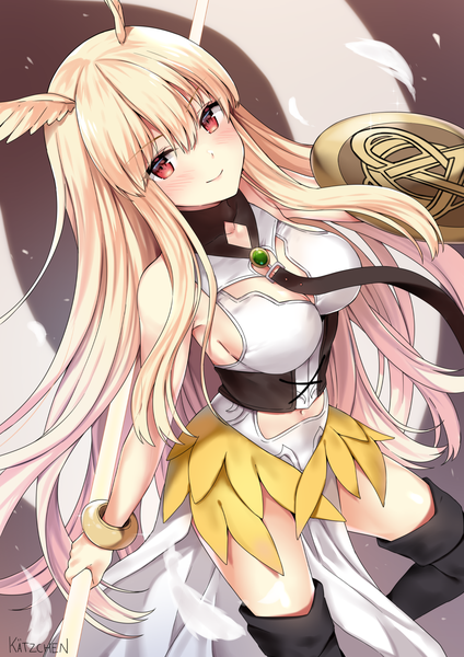 Anime picture 1302x1842 with fate (series) fate/grand order valkyrie (fate/grand order) thrud (fate/grand order) kaetzchen single long hair tall image blush fringe breasts light erotic simple background blonde hair smile hair between eyes red eyes large breasts bare shoulders holding