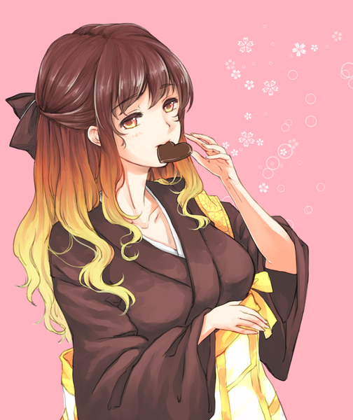 Anime picture 946x1126 with touhou hijiri byakuren mayoln single long hair tall image fringe simple background blonde hair brown hair brown eyes looking away traditional clothes japanese clothes multicolored hair from above alternate costume gradient hair pink background half updo